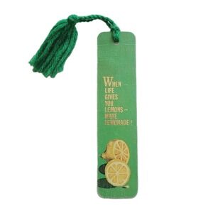 Vintage 70s Bookmark Lemons Lemonade Green Gold Embossed 1973 Antioch H-60, Flaw